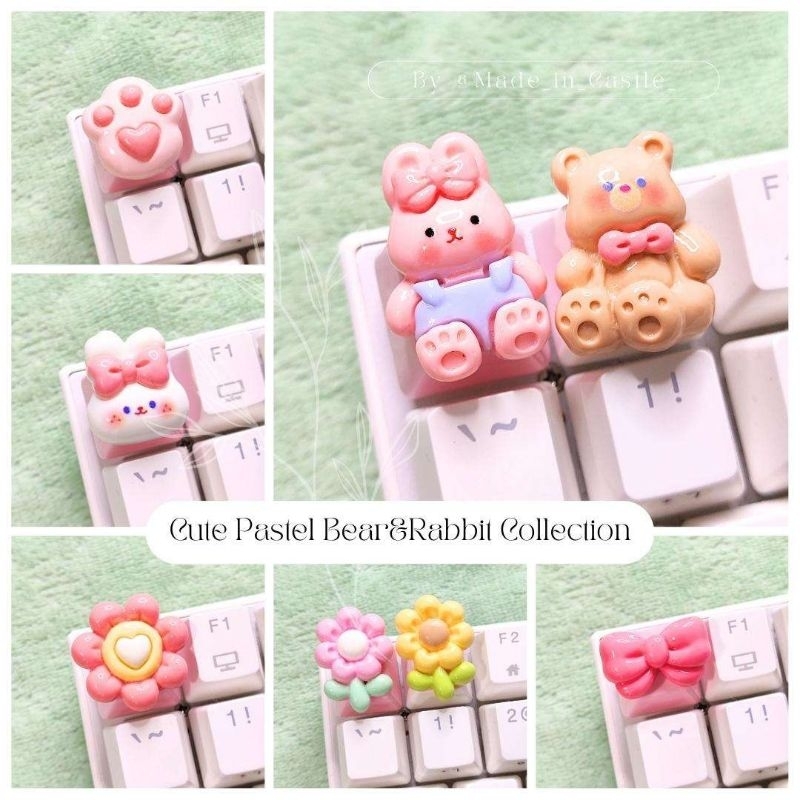 คีย์แคปคัสต้อม "Cute Pastel Bear&Rabbit Keycap" ปุ่มคีย์บอร์ด แฮนด์เมด กระต่าย หมี สีพาสเทล (Customizable Keycap) | MIC