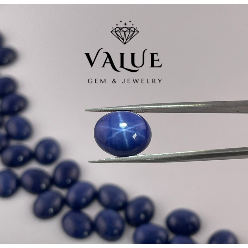 ลิลลี่ สตาร์ น้ำเงิน พลอย หลังเบี้ย (พลอยสั่งเคราะเนื้อแข็ง) น้ำเงิน LINDY BLUE STAR มี ลาย รูปไข่ [Size 3x5mm - 8x10mm]