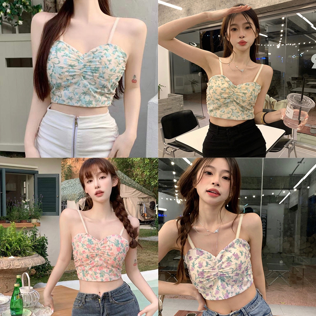 สื้อสายเดี่ยวผ้าชีฟอง มีฟองน้ำ ดีเทลลายดอกไม้ระบายลูกไม้ มีฟองน้ำ ลายลูกไม้ ดีเทลลายดอกไม้ระบายลูกไม้