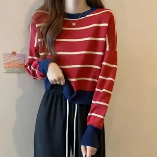 💕Miki-Shop*พร้อมส่ง*เสื้อแขนยาวไหมพรม ทรงหลวมตัดสีแมทได้ทุกสไตล์ผู้หญิง2693*