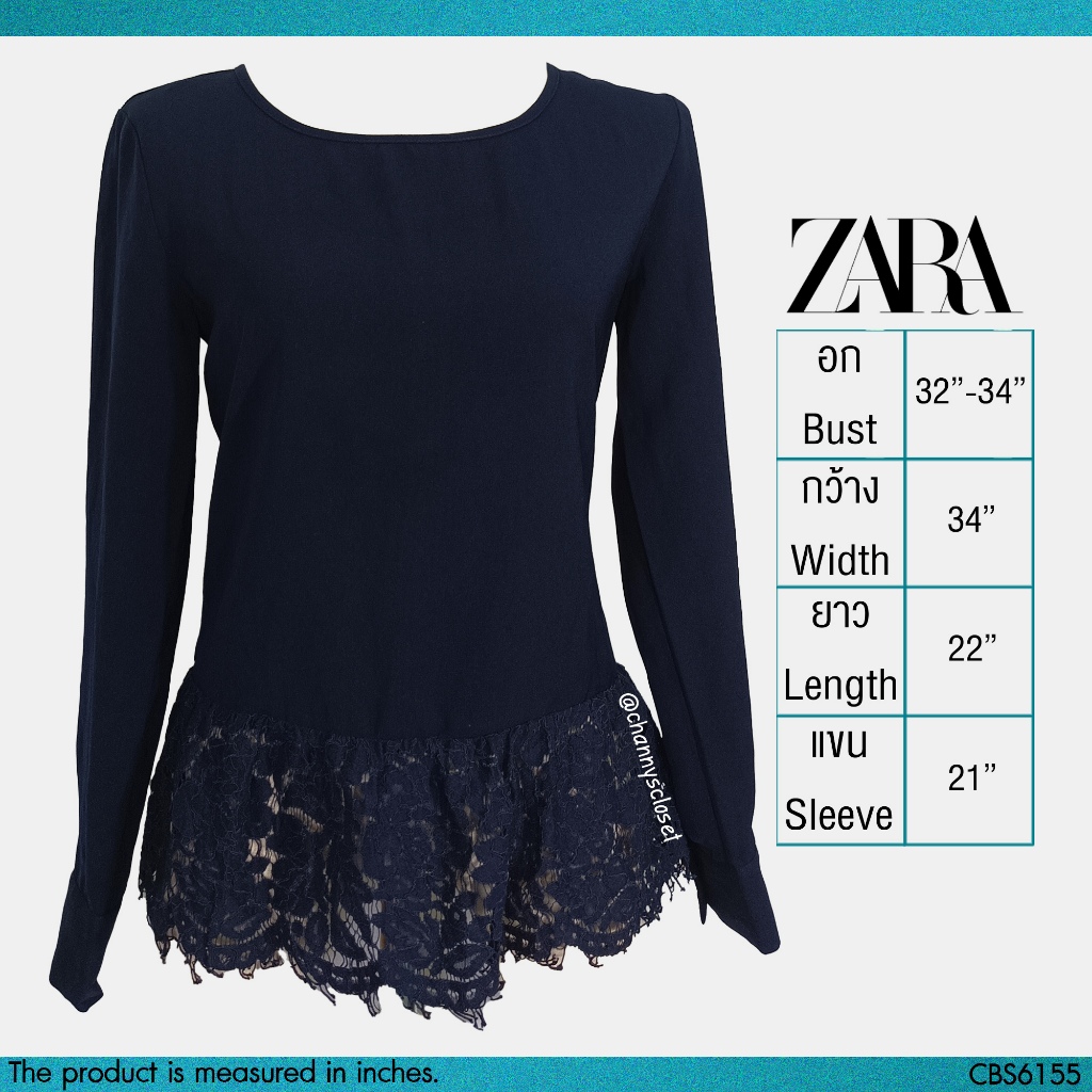 💖USED Zara - Navy Blue Lace Peplum Top | เสื้อแขนยาวสีกรมท่า เสื้อเอวระบาย ลูกไม้ แขนยาว คอกลม ทำงาน สีพื้น แท้ มือสอง