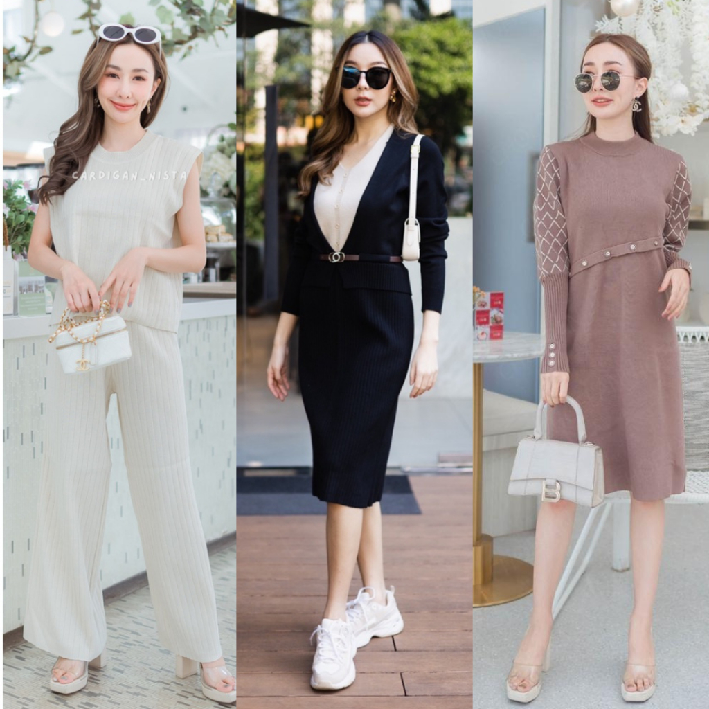 Lovely sis เดรสไหมพรมผ้านิ่มเย็บต่อผ้าสีพื้นด้านในแต่งกระดุมเพชร ผ้าร่องแต่งขอบเอว CARDIGAN_NISTA