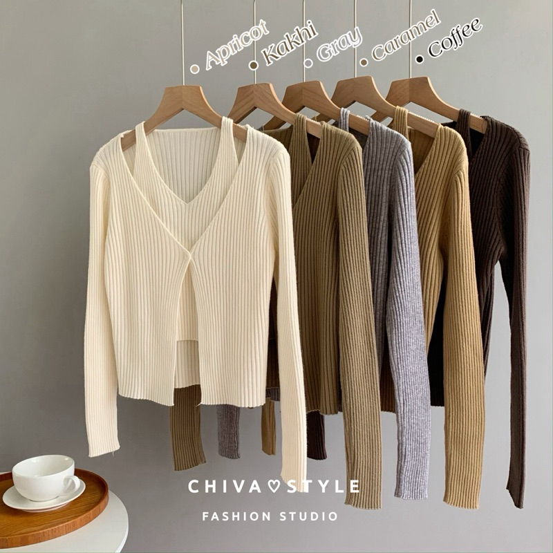 -𝐂𝐡𝐢𝐯𝐚- พร้อมส่ง เสื้อแขนยาวไหมพรมเย็บติด 2 ชิ้น กระดุมหน้า