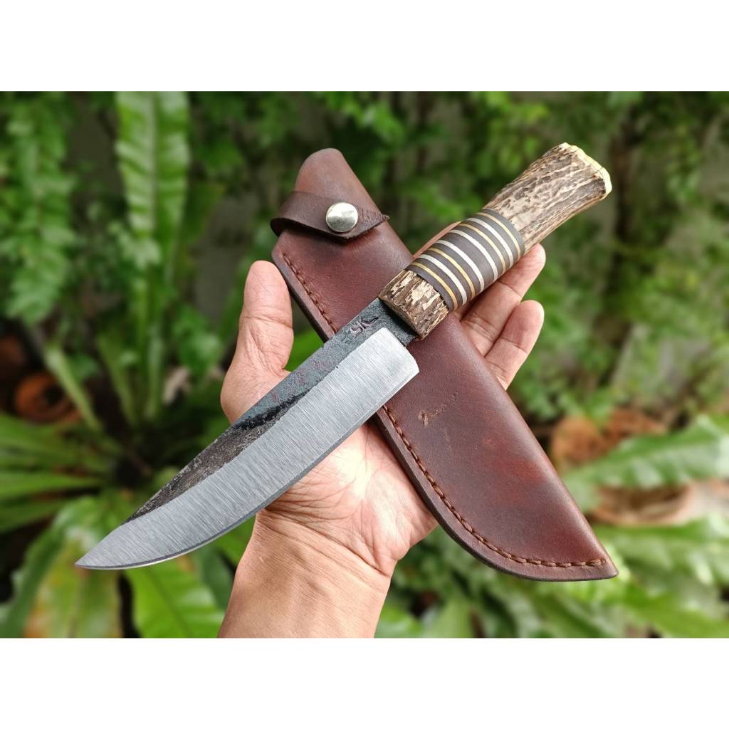 มีดแคมป์ มีโบวี่ Camping bowie knife มีดเดินป่า มีดแล่ ใบ 6” เหล็กบาร์เลื่อย STIHL ตีร้อน ด้ามขก+ทอง