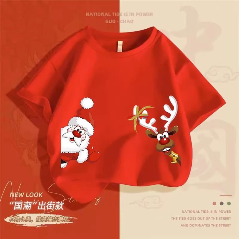 (พร้อมส่ง)เสื้อยืดแขนสั้น ผ้าฝ้าย ลายกวางคริสต์มาส น่ารักแขนสั้นพิมพ์ลาย S-5XL เสื้อสีแดงคริสมาส