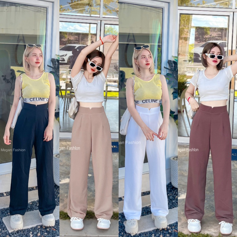 🌈กางเอง เอววีขายาว🌈เอวสูงปี้ด ผ้าวูลเวฟ♥️ผ้ายืด นุ่ม เก็บทรงสวย♥️(ไม่มีกระเป๋า)