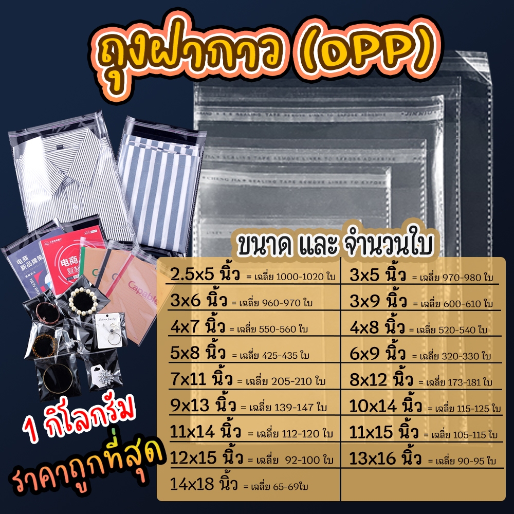 ถุงใส่เสื้อ ถุงแก้ว OPP ฝากาว (ไซส์นิ้ว) อย่างหนา  มีไซส์ครบที่สุด OPP แบบ1กิโล ซองพลาสติกใสฝากาว  #opp01