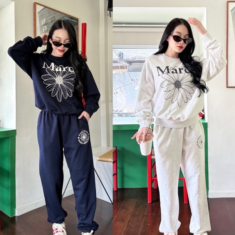 พร้อมส่ง Mardi ชุดเซ็ทสปอร์ต สุดคิ้วท์ เสื้อคอกลมดีเทลสกรีนลายดอกไม้ทั้งเสื้อและกางเกงเลย