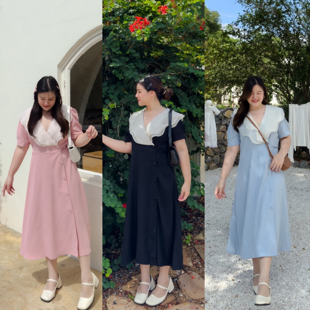 ( อกถึง 50") Lotus Leaf Collar Dress เดรสสาวอวบ ชุดสาวอวบ