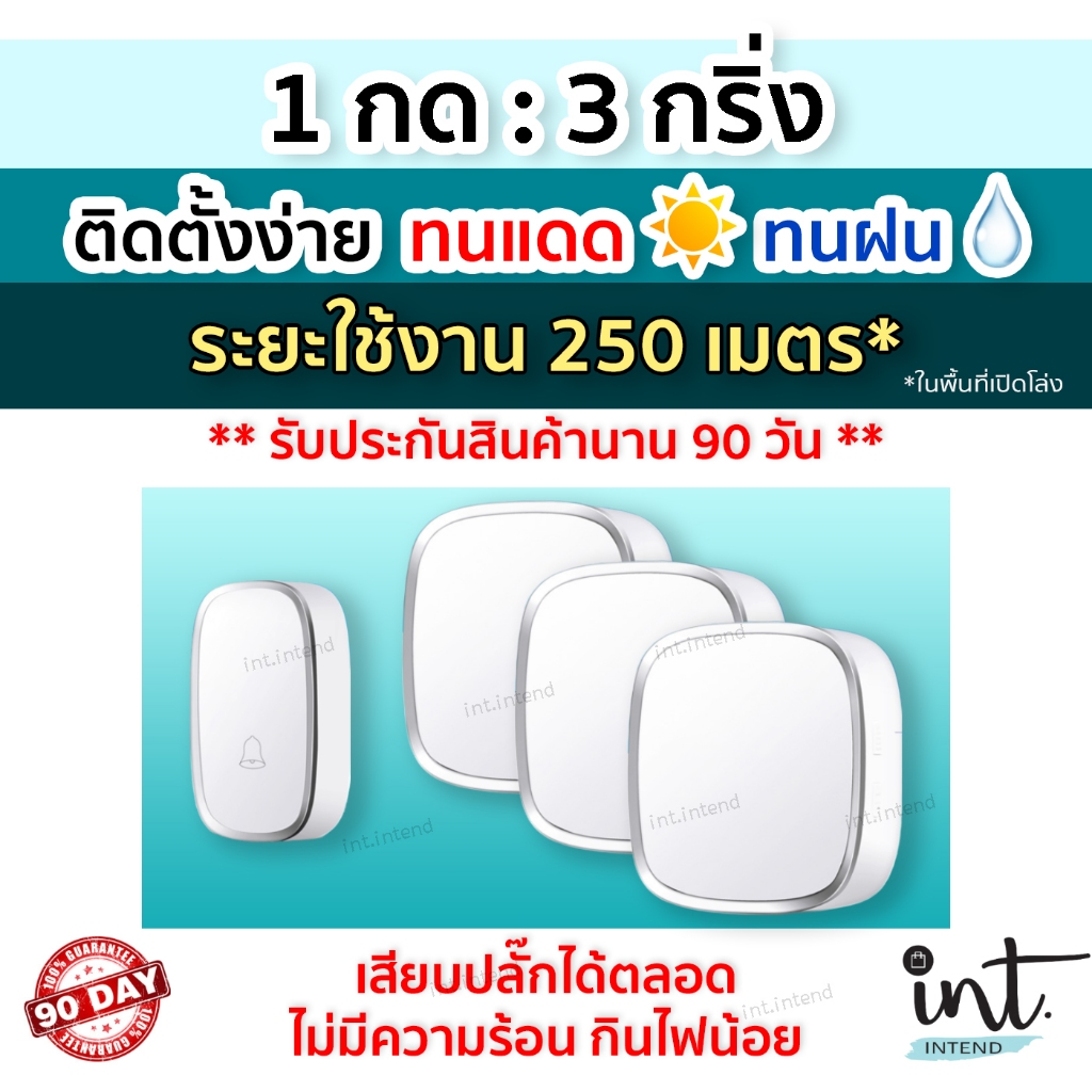 [มีคลิปการใช้งาน] กริ่งไร้สาย กริ่งบ้าน ออดบ้าน ออดบ้านไร้สาย Wireless Doorbell, 1 รีโมท 3 ตัวรับ by int.intend