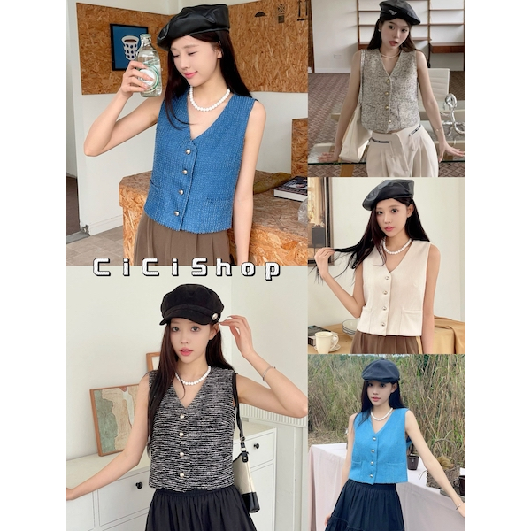 Cicishop(3196)Vest Tops เสื้อกั๊กครอปแขนกุด กระดุมผ่ากลาง มีกิมมิคกระเป๋าทรงสวยม๊ากก