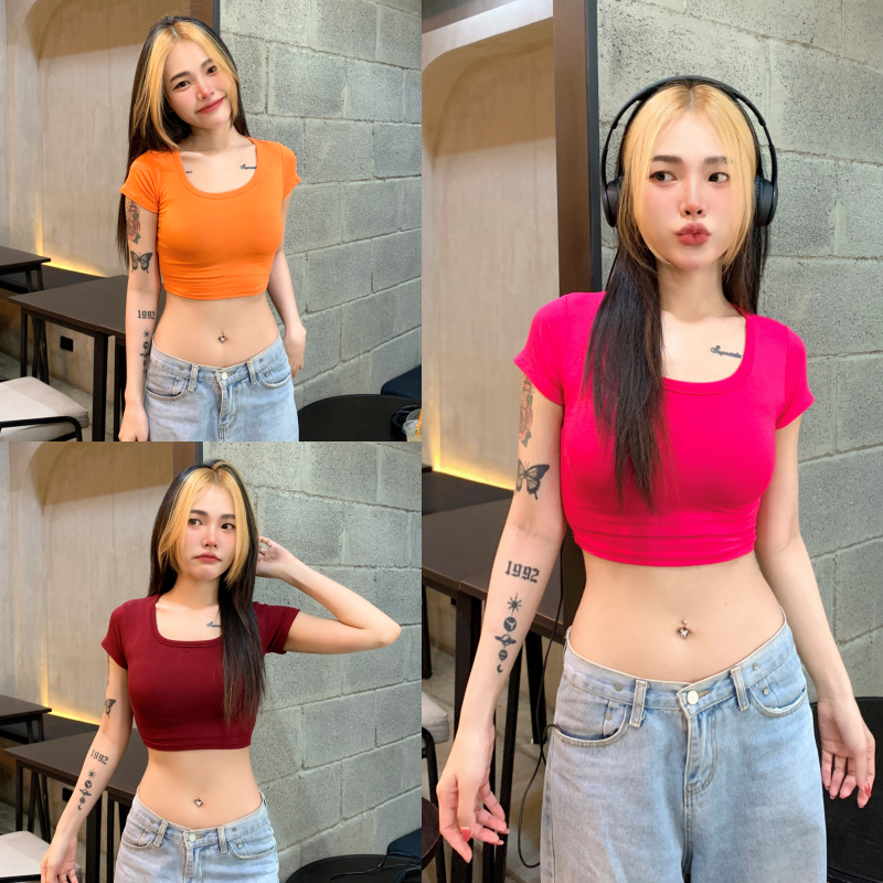 🌈SpinnyHouse🌈เสื้อครอปแขนสั้น ทรงคอเหลี่ยม สาวอวบใส่ได้ 🥧เบสิคครอปสุด ผ้าเรย่อนยืดเยอะ ทรงนี้คือฮิตม้าก รุ่น นิตยา
