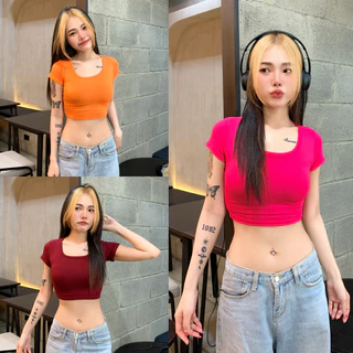 🌈SpinnyHouse🌈เสื้อครอปแขนสั้น ทรงคอเหลี่ยม สาวอวบใส่ได้ 🥧เบสิคครอปสุด ผ้าเรย่อนยืดเยอะ ทรงนี้คือฮิตม้าก รุ่น นิตยา