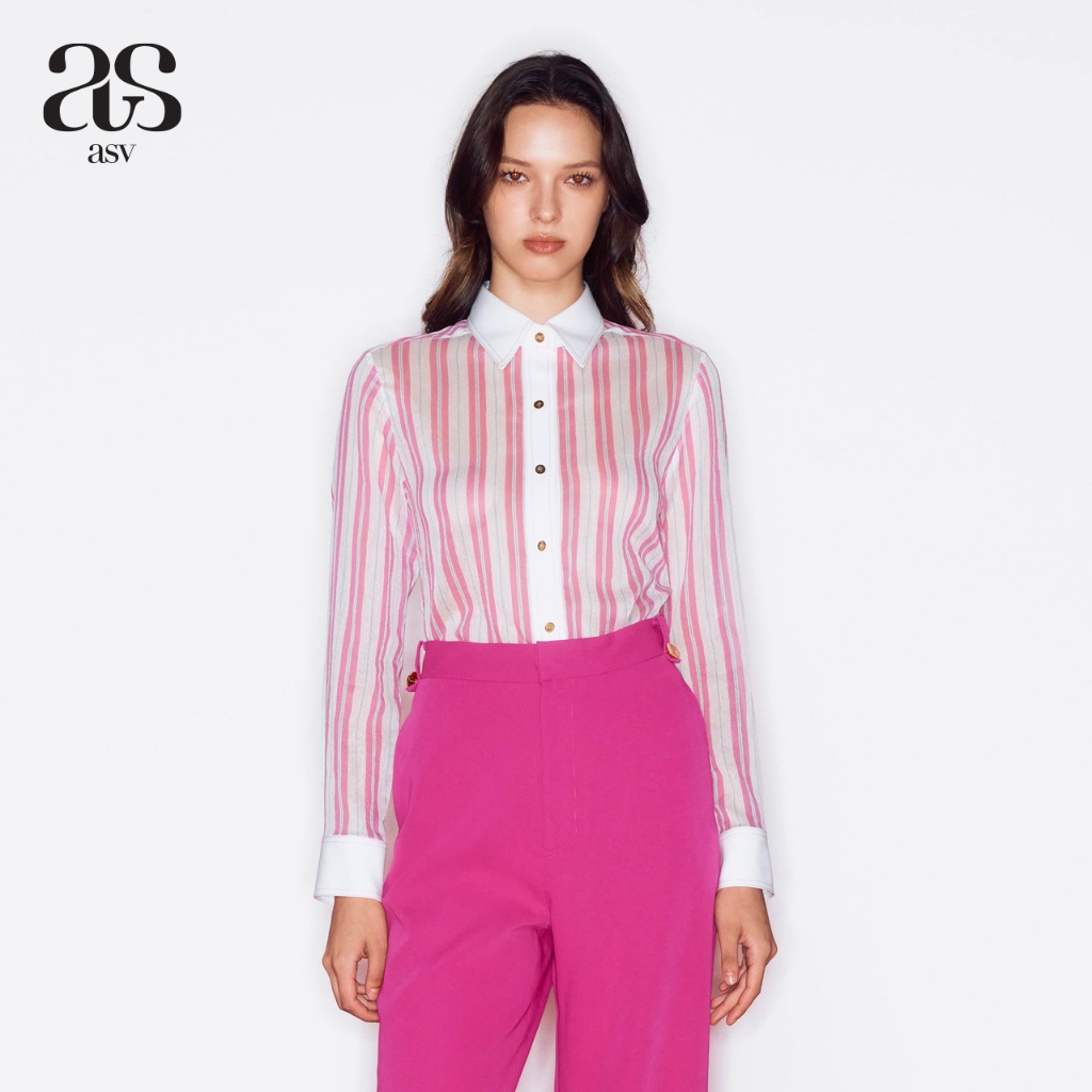 [asv rs24] Sophie Striped Shirt เสื้อเชิ้ตผู้หญิง แขนยาว ตัดต่อรูด้านหลัง ผ้าแก้วลายริ้ว
