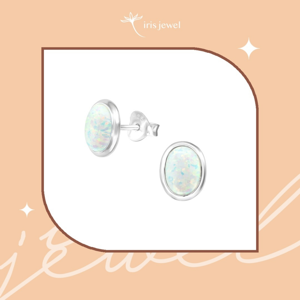 IRIS JEWEL  ต่างหูเงินแท้925 ประดับ Opal (Silver Oval Ear Studs with Synthetic Opal)