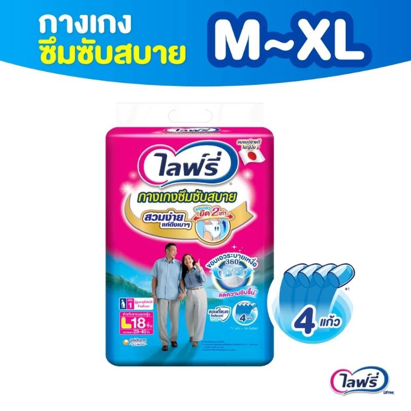 Lifree ผ้าอ้อมผู้ใหญ่ กางเกงซึมซับสบาย แอนตี้แบค+ - แพ็ค แบ่งขาย1 (M, L, XL)❤️แพ็คเกจไหม่ห่อสีขาว❤️