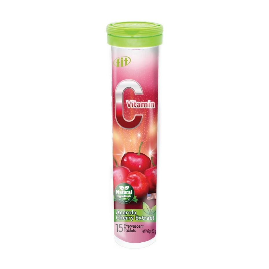 FIT-C ฟิต-ซี วิตามินซี Acerola Cherry Extract  หลอด15เม็ด (เม็ดฟู่แบบละลายน้ำ)