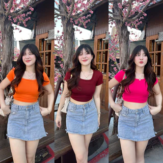 🌈SpinnyHouse🌈เสื้อครอปเบสิคลุค ทรงคอเหลี่ยม ผ้าเรย่อนยืดเยอะ 🌸 ผ้าเย็นใส่สบาย ใส่แล้วพรางหุ่นม้าก รุ่น นิตยา