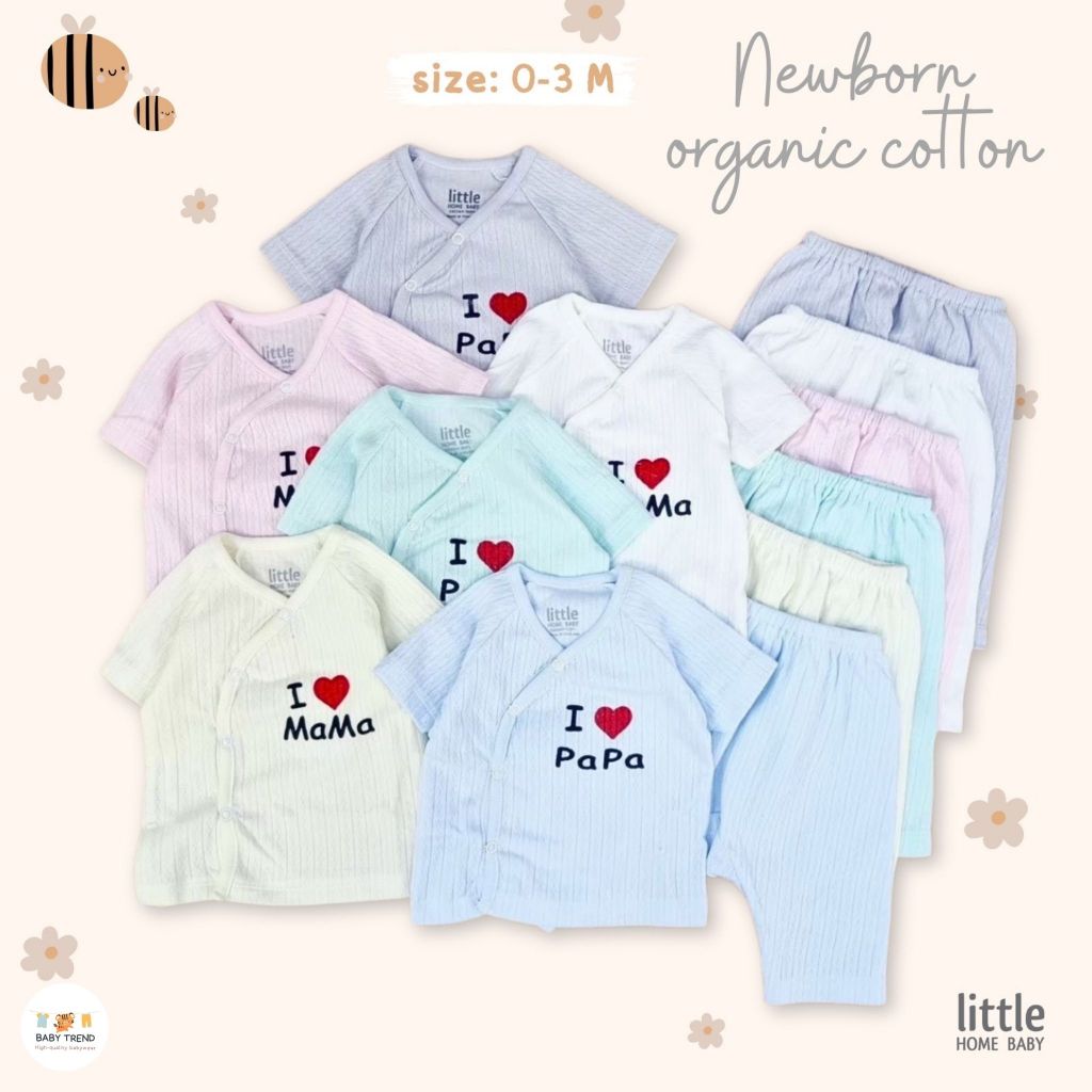 Little Home Baby ชุดเซ็ทเสื้อกระดุมสแน๊ปหน้าและกางเกงทารก 0-3 เดือน ผ้าร่องแขนสั้น คอตตอน มีหลายสีให้เลือก