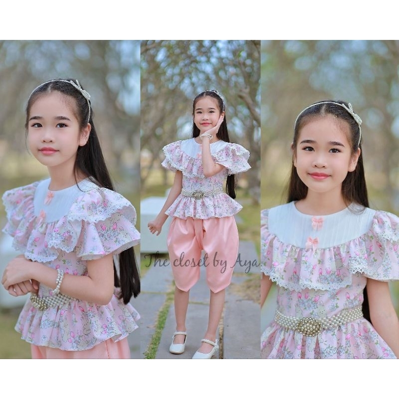 ชุดไทยเด็กผู้หญิงโจงกระเบน(ลายกระต่ายสีโอลด์โรส)