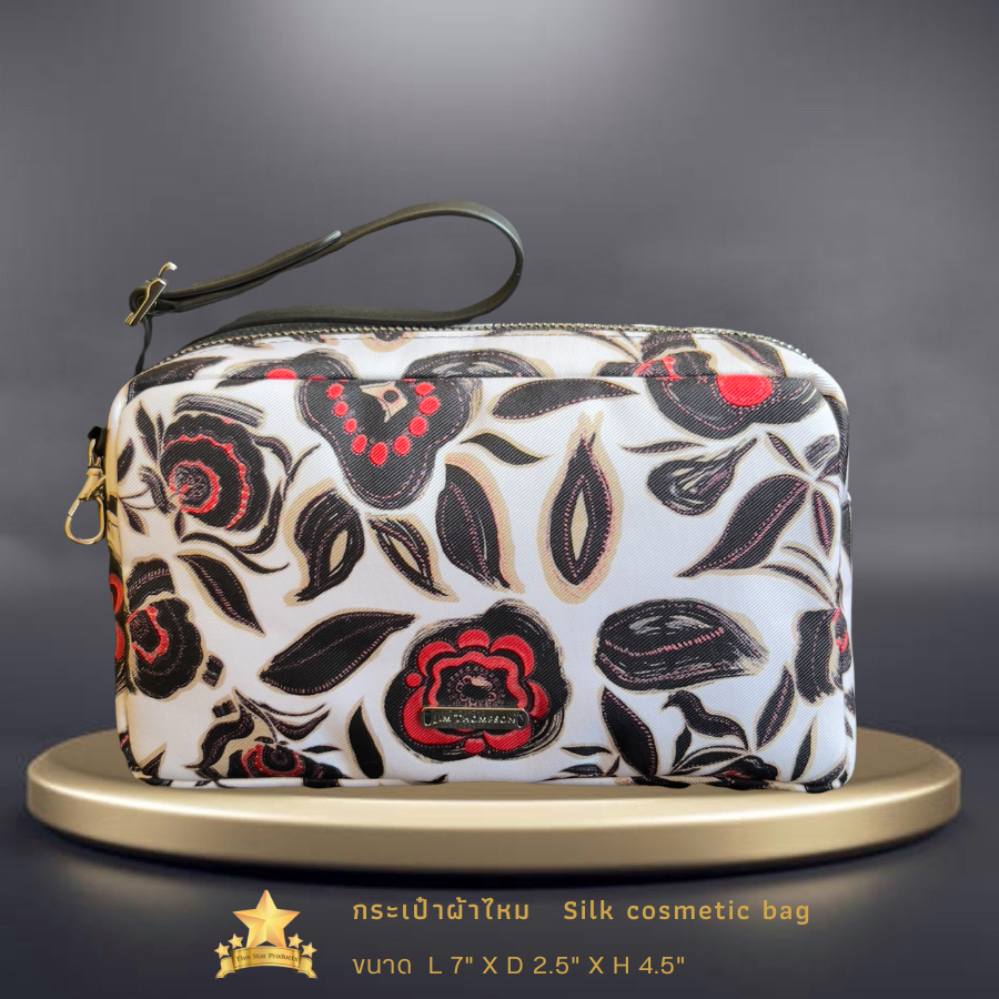กระเป๋าคล้องแขน ผ้าไหม สายหนัง - สีขาว Silk bag, case wristlet -White Floral -จิม ทอมป์สัน -Jim Thom