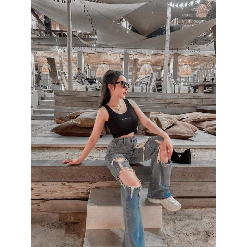 cha-nee shop กางเกงยีนส์ขายาว แต่งขาด รุ่นสุดฮิต