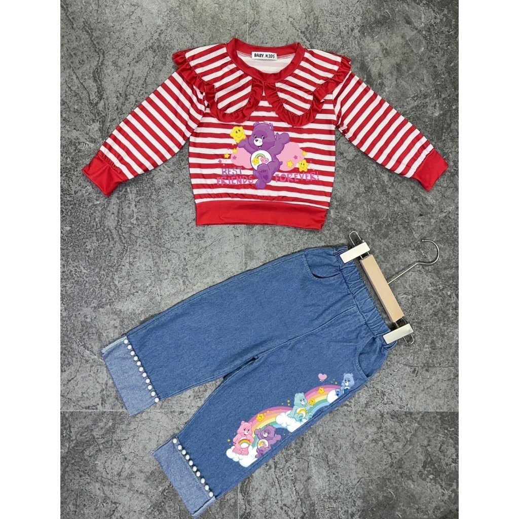 ชุดเซ็ตลูกสาว เสื้อสกรีนแคแบร์+กางเกงยีนส์ปักมุก น่ารักมากๆ No.086