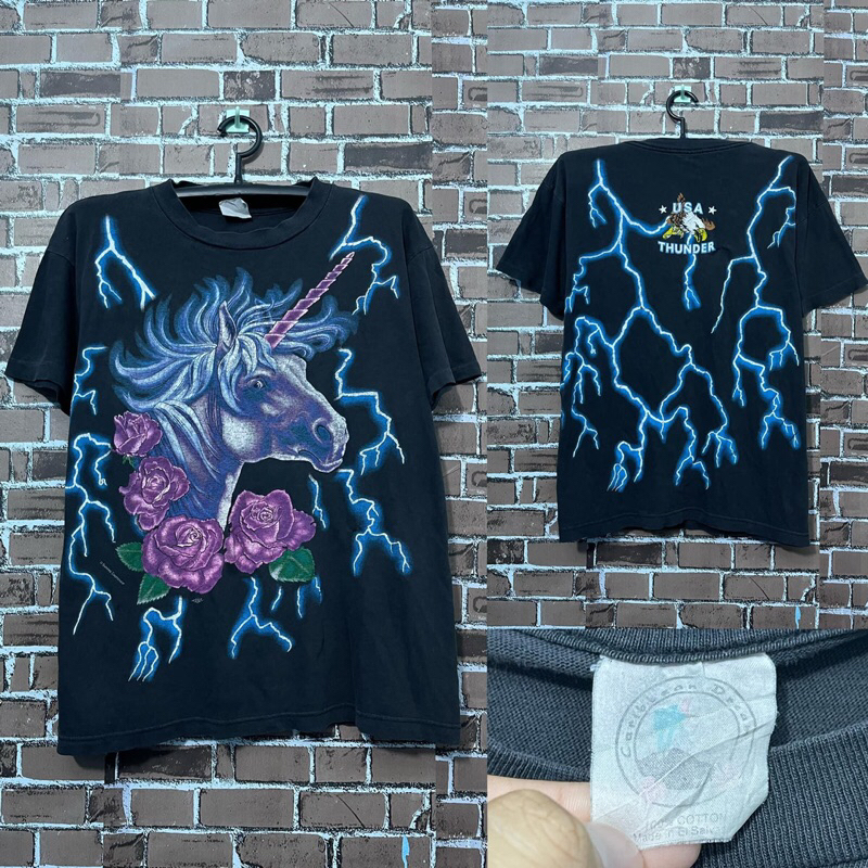 เสื้อยืดวินเทจ American Thunder Unicorn Shirt All Over Print TShirt Mens Large L Single Stitch