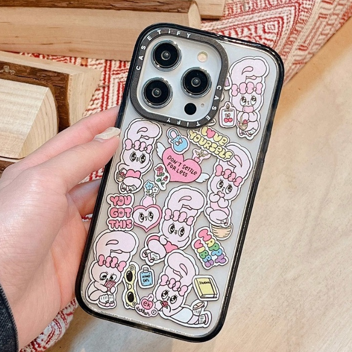 จัดส่งภายใน24ชม การ์ตูน กระต่าย สีชมพู ฮาราจูกุ iphone 15 11 14 pro max ขอบเต็ม น่ารัก เคสใส case for iPhone 12 13