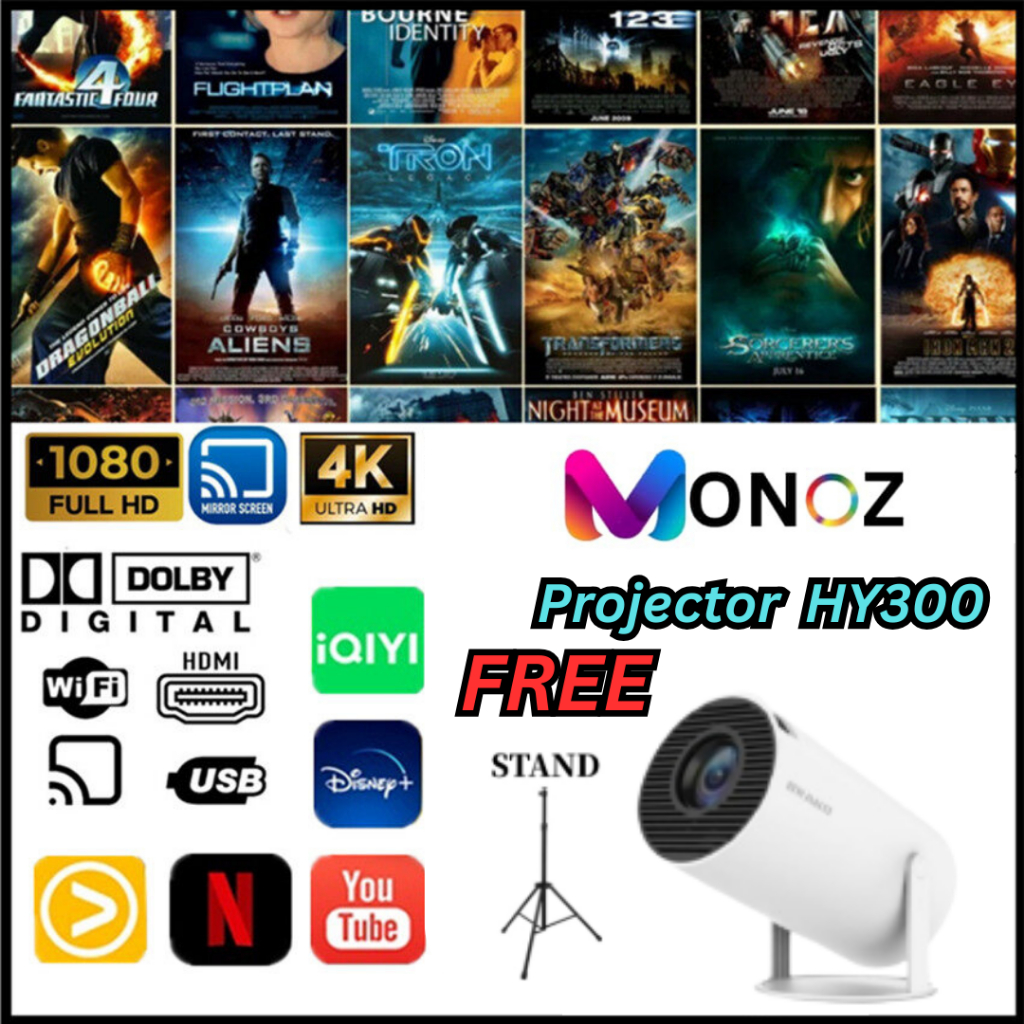 MONOZ HY300 Projector โปรเจคเตอร์ 4K Android 11.0 LCD 1280P x 720P Ultra HD WIFIบลูทูธโฮมเธียเตอร์โปรเจคเตอร์4K Wifi