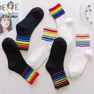 ถุงเท้าแฟชั่น ข้อกลาง คาดแถบสีรุ้ง ถุงเท้าวินเทจสายรุ้ง 🌈 Rainbow socks พร้อมส่ง S24