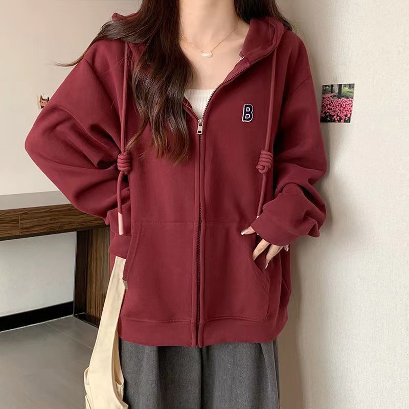 2024เสื้อกันหนาวมีฮู้ด คาร์ดิแกนซิปแขนยาว4 สี M-2XLเสื้อคลุมไวน์แดง