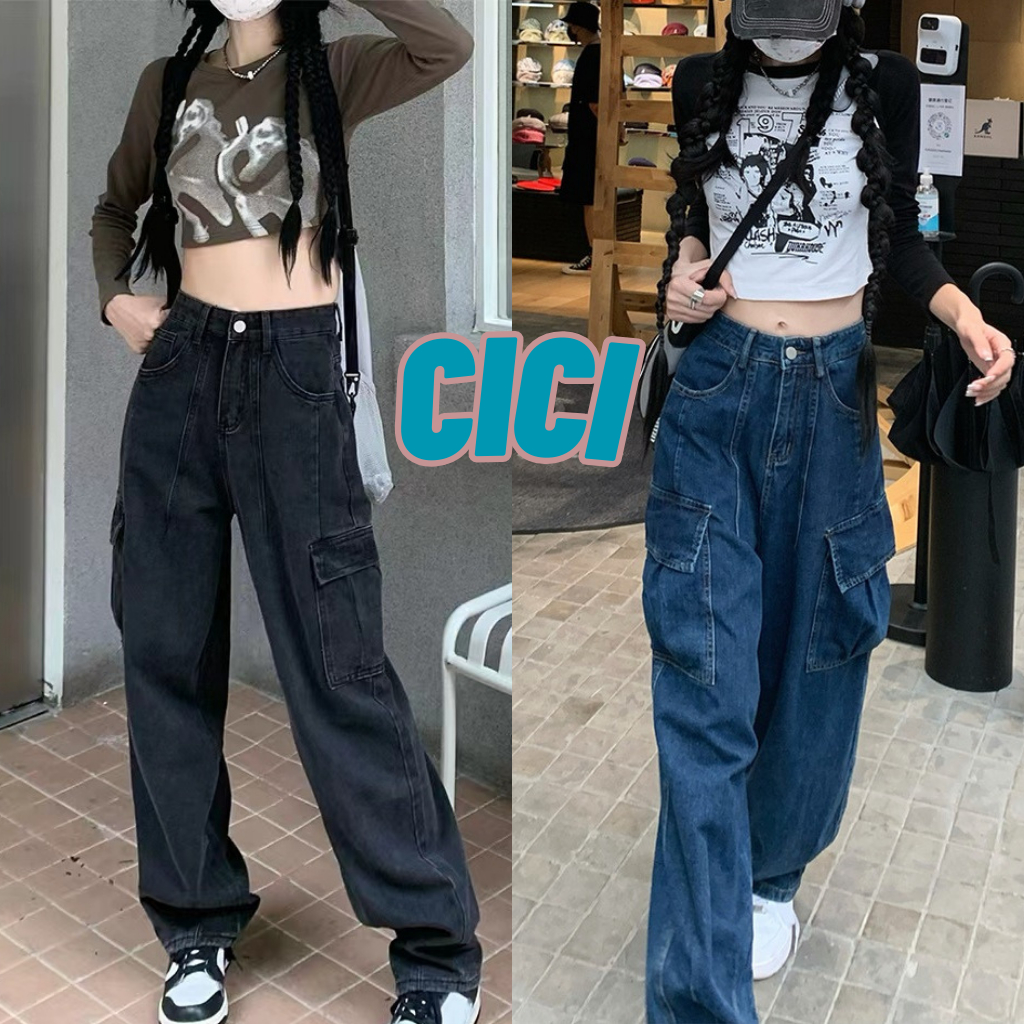 ส่งทันที Cici(NO. 617)กางเกงยีนส์ขายาวทรงคาโก้ ขากระบอกกลาง ไสตล์ Street Girl Y2K
