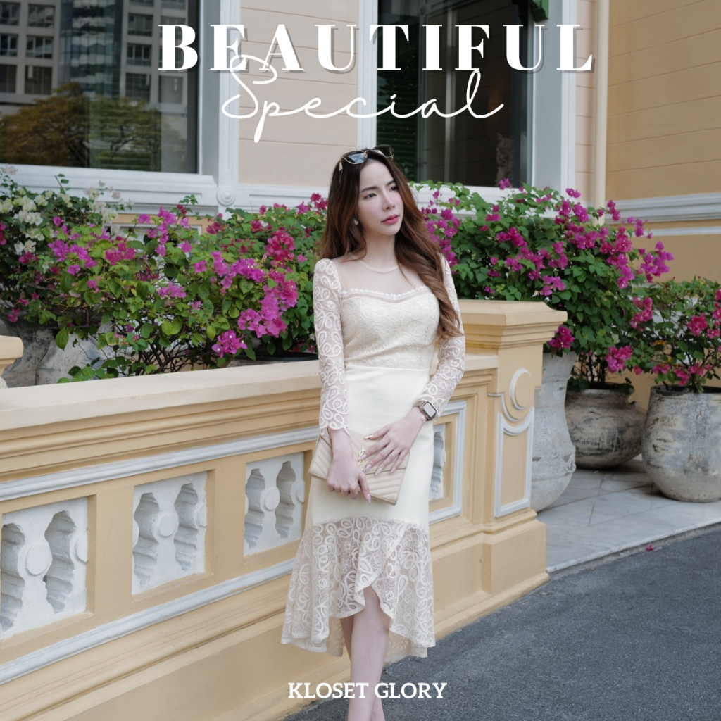 K167 : เดรสยาวคอกลมลูกไม้ซีทรูตาข่ายปลายลูกไม้หางปลาสีครีม
