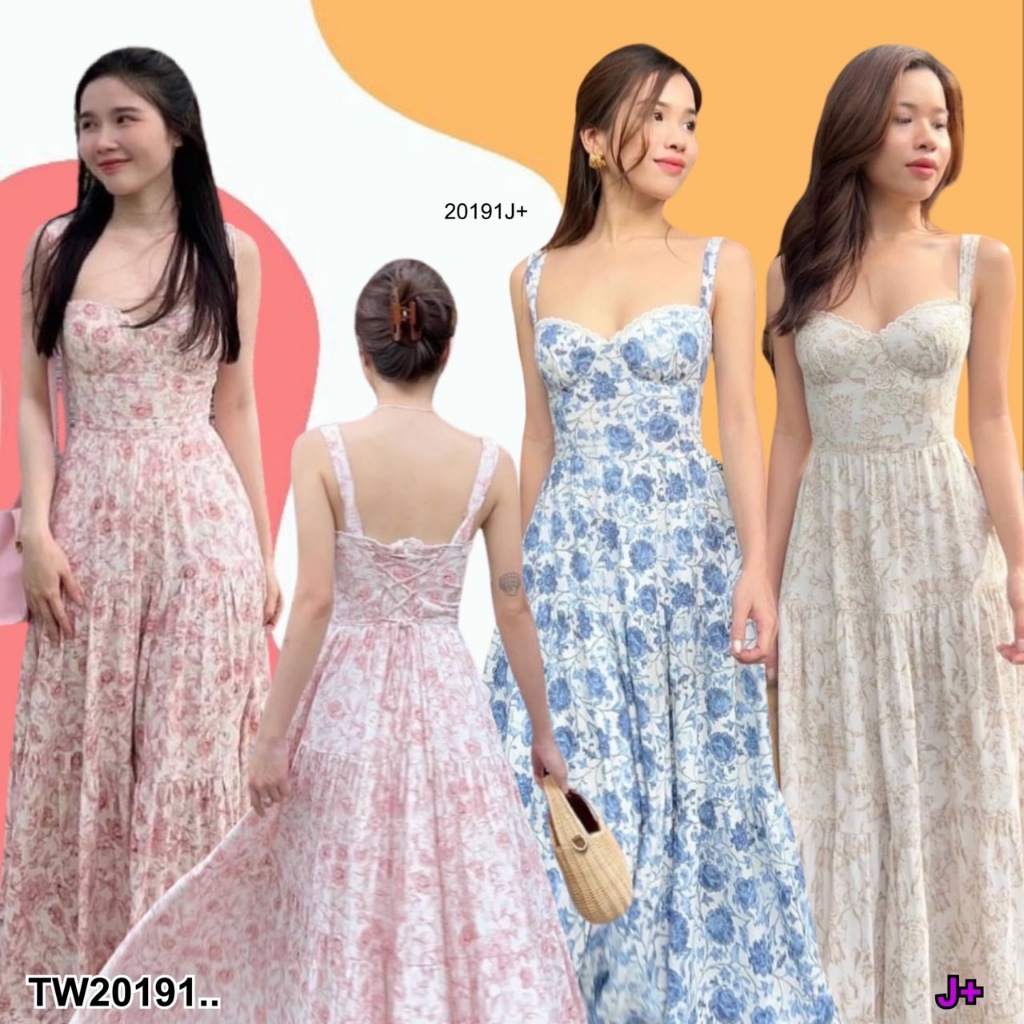 TW20191 แมกซี่เดรสลายดอกไม้ ด้านหลังร้อยเชือกรัด ..