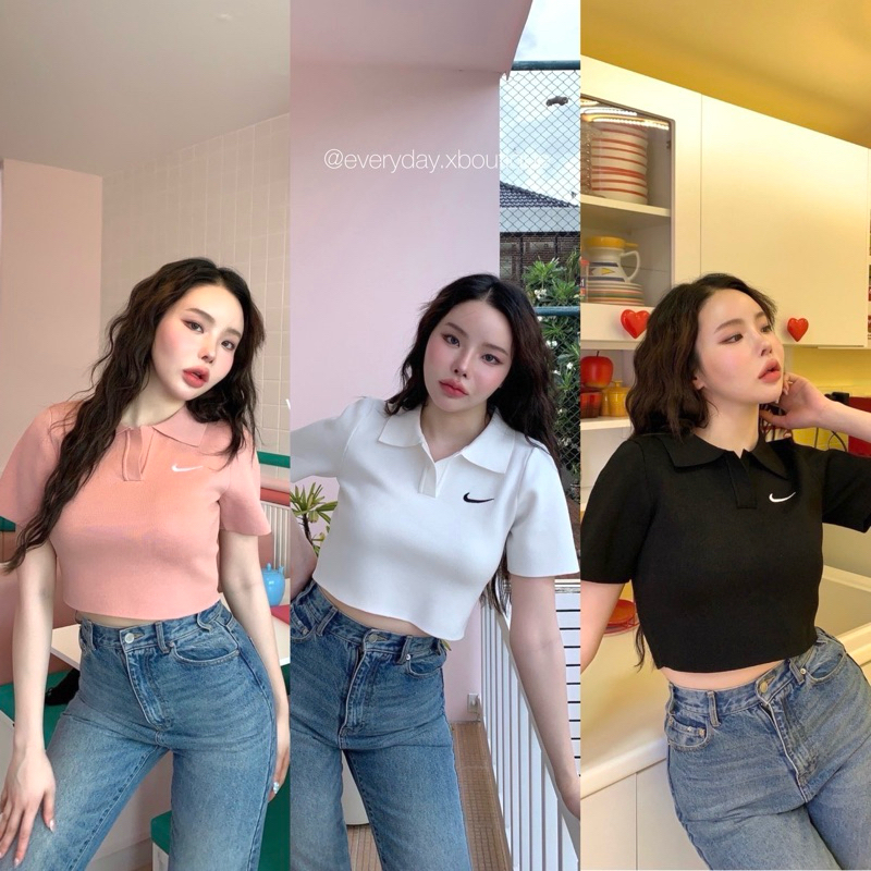 NK polo crop top (370฿ฟรีส่ง) เสื้อครอปแขนสั้นคอปก รุ่นใหม่ น่ารักมากกกกๆ งานปักที่อกตามแบรนด์ดัง สวยยยยปัง valen