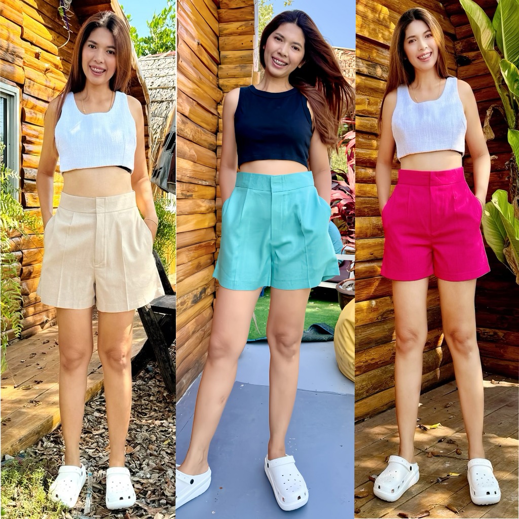 new collection กางเกงขาสั้นเอวสูง กางเกงขาสั้นผู้หญิง S-XL ผ้าลินินฝ้าย สวมใส่สบายมีกระเป๋า 2 ข้าง BASIC SHORTS