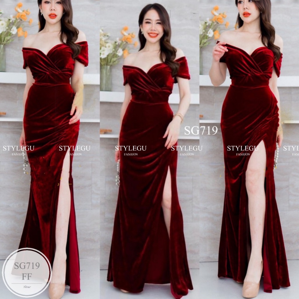 SG719  ชุดราตรี ปาดวีป้ายอกพรางแขน ผ้ากำมะหยี่ผ้ายืดได้เยอะ ซิปซ่อนหลัง