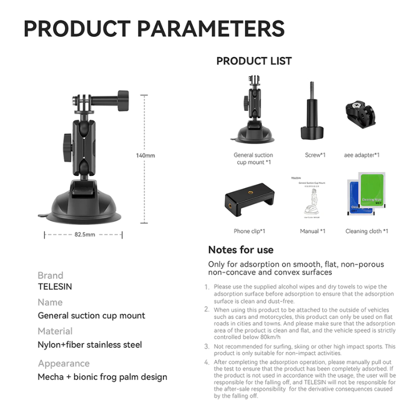 Telesin Upgraded General Suction Cup Mount for Action Cameras