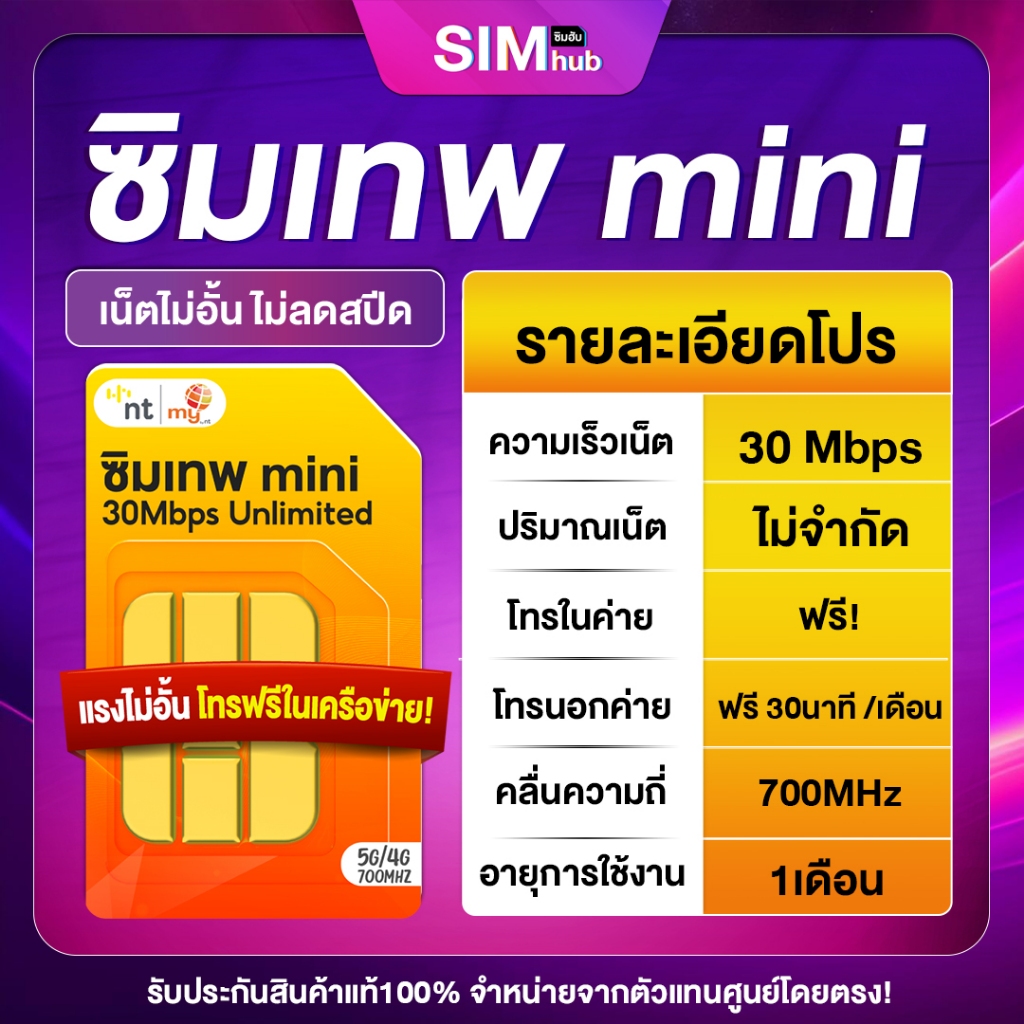 ซิมเน็ต TOT ซิมเทพ Mini เน็ตแรง 30Mbps เน็ตไม่ลดสปีด พิเศษ โทรฟรีทุกเครือข่าย 30นาที ซิมเติมเงิน TOT ซิมเทพ ซิมฮับ