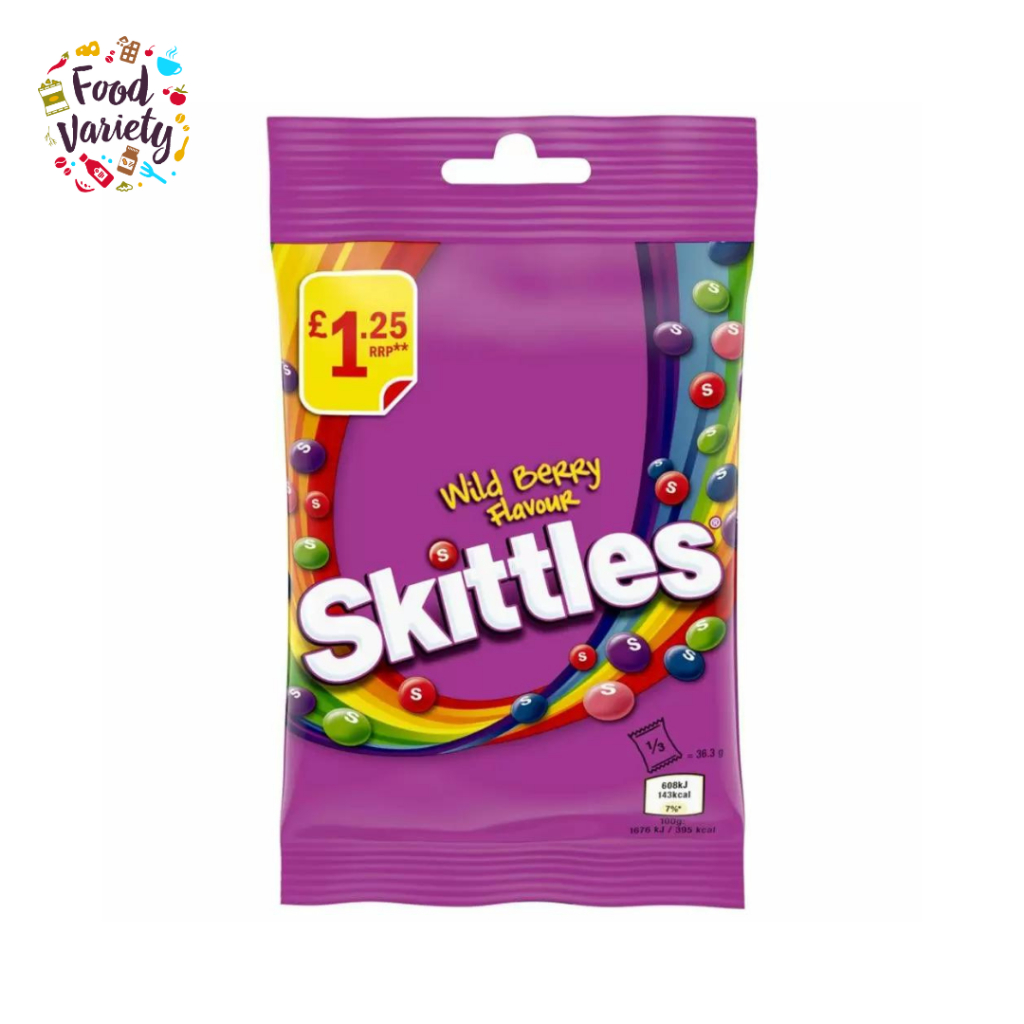 Skittles Chewy Sweets Wild Berry Fruit Flavoured Candy Treat Bag 109g สกิตเทิลส์ ลูกอมเคี้ยวรสผลไม้ไวลด์เบอร์รี 109 กรัม