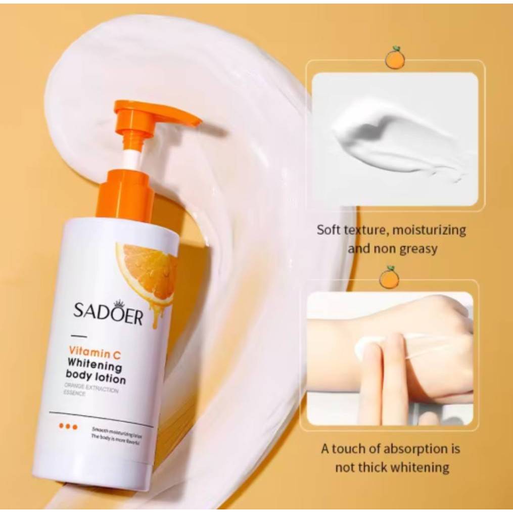 SADOER Vitamin C Whitening body lotion โลชั่น โลชั่นบำรุงผิว ให้ชุ่มชื้นเรียบเนียนและทำให้ผิวขาว ขนาด 250 g. ขวดสีส้ม
