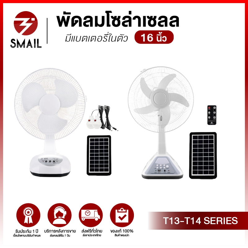 พัดลมโซล่าเซลล์ 16 นิ้ว 5 ใบพัด [ มี 2 รุ่น ] ใช้งานกับไฟฟ้าได้ หลอดไฟ LED สองหลอด พัดลมพกพา แบตเตอรี่ในตัว SMAIL