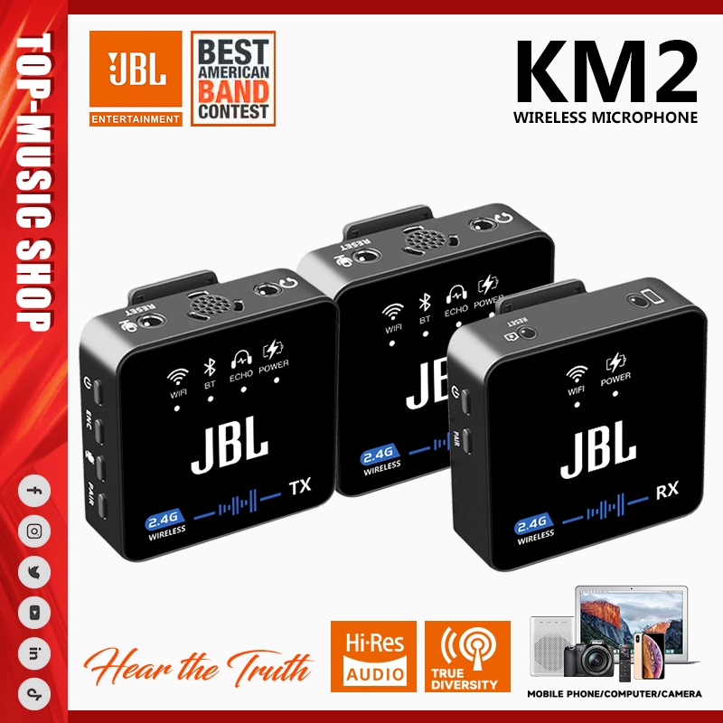 JBL KM2 ไมโครโฟนไร้สายโทรศัพท์มือถือกล้องคอคลิปไมโครโฟนวิทยุไมโครโฟน ตัวรับสัญญาณหนึ่งตัวและไมโครโฟน