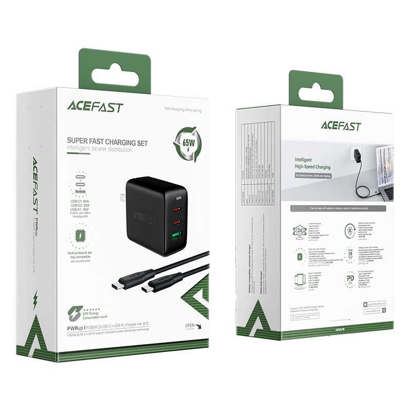 ACEFAST A15 หัวปลั๊กชาร์จเร็วพร้อมสาย USB-C  PD65W (USB-C+USB-C+USB-A) US