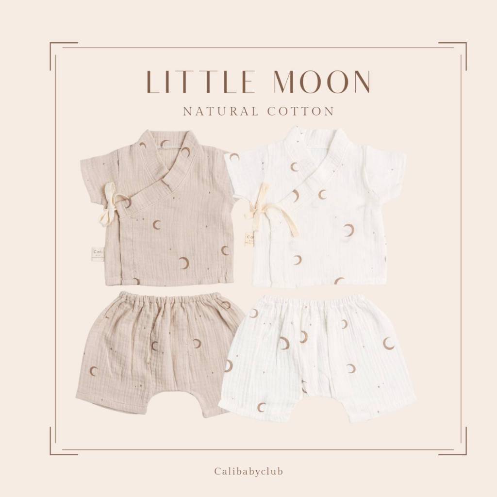 ชุดเสื้อกางเกง *แขนขาสั้น เด็กอ่อนผูกหน้า 0-3 เดือน ผ้ามัสลินทอ สไตล์เกาหลี *Little​ Moon 🌙*ป้าย Cali baby👶🏻