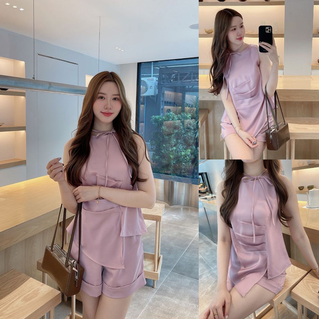 เบจ/ชมพูม่วง/เขียว/เทาน้ำตาล SLYQ MADE AUBREY DRAPED SATIN TOP & SHORTS SET เซ็ทเสื้อแขนกุดและกางเกงขาสั้นผ้าซาติน