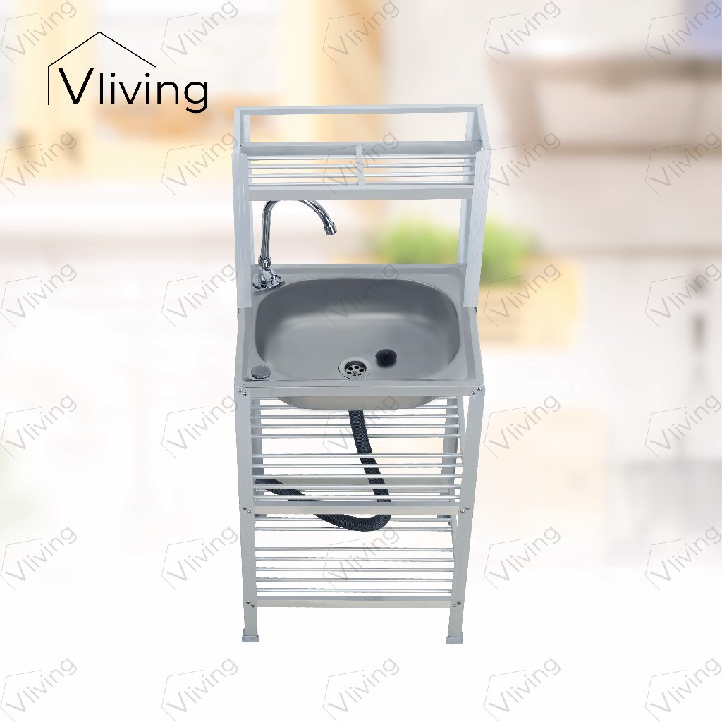 Vliving ซิ้งค์ล้างจาน อ่างล้างจาน สแตนเลส A 3ชั้น เล็ก มีบน โครงอลูมิเนียม (50x40cm.)