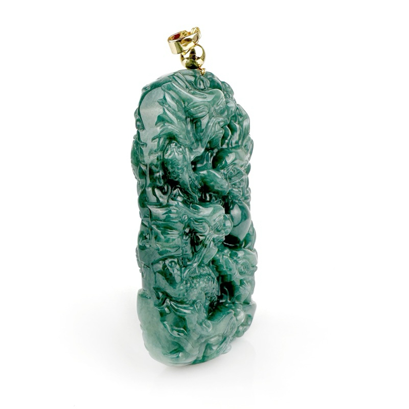 PDJA-9D-BL จี้หยกแกะลายมังกร จี้หยกมังกรเก้าตัว(9มังกร) หยกแท้ Jadeite A พร้อมเชือกร่มสำหรับร้อยขึ้นคอ