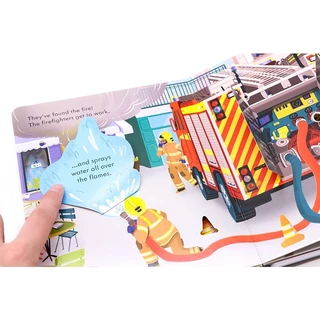Usborne Peep Inside ธีการทำงานของรถดับเพลิง หนังสือการ์ดภาษาอังกฤษ 3D Flap หนังสือการศึกษาสำหรับเด็ก
